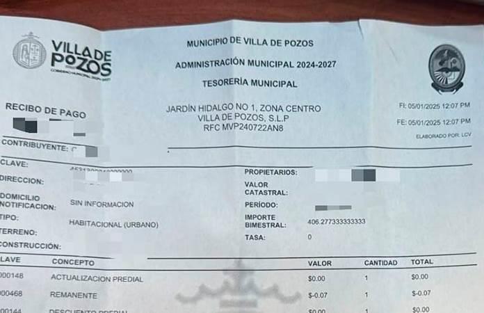Por error ponen logo de Soledad en recibos del nuevo municipio de Pozos